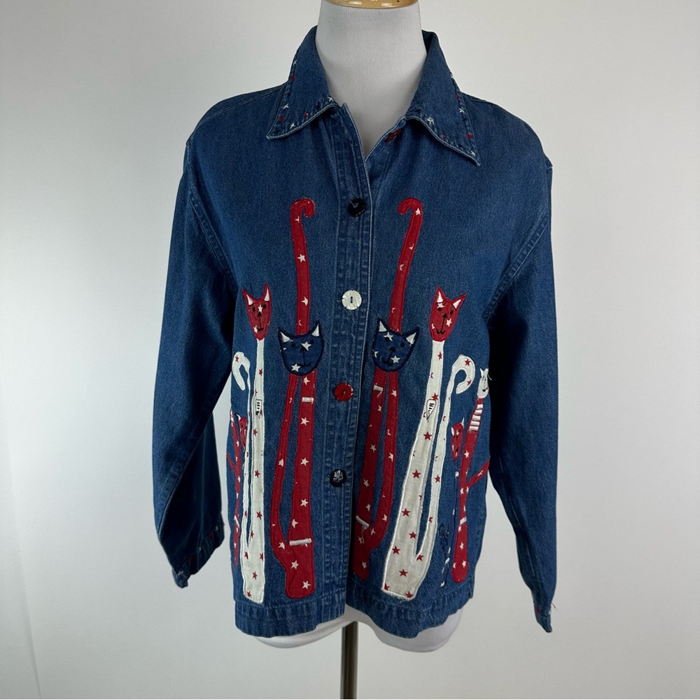Life Style Petite Vintage Cat Button Down Denim Shirt Small Petite